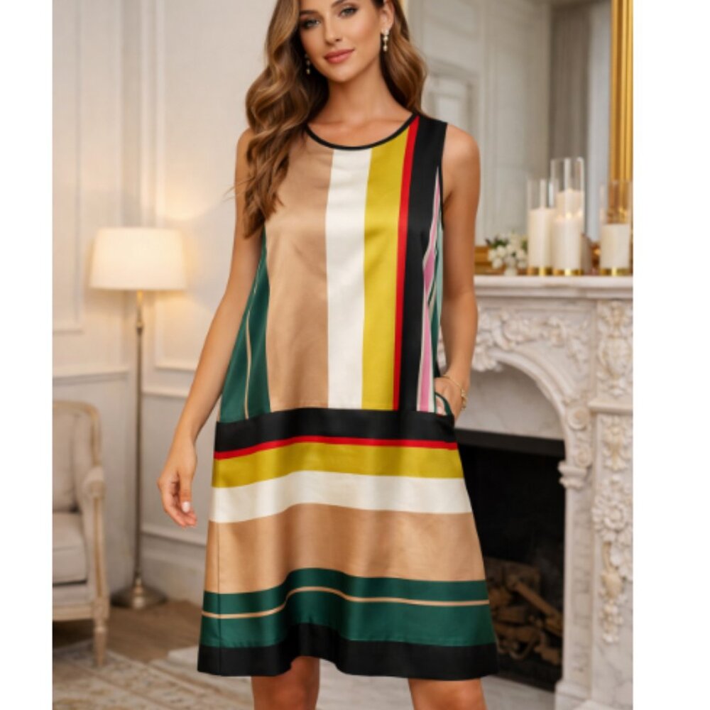 ODEEH 8 Satin Sleeveless Multi-Stripe Shift Dress Chic 38 Dinner Party Formal